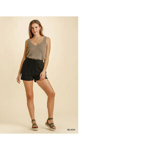 Umgee Black Linen Blend Elastic Waistband & Drawstring Shorts W/ Pockets Small